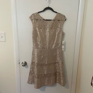 Wedding guest dress, Kay Unger, size 12, color gold, never worn, new with tags.